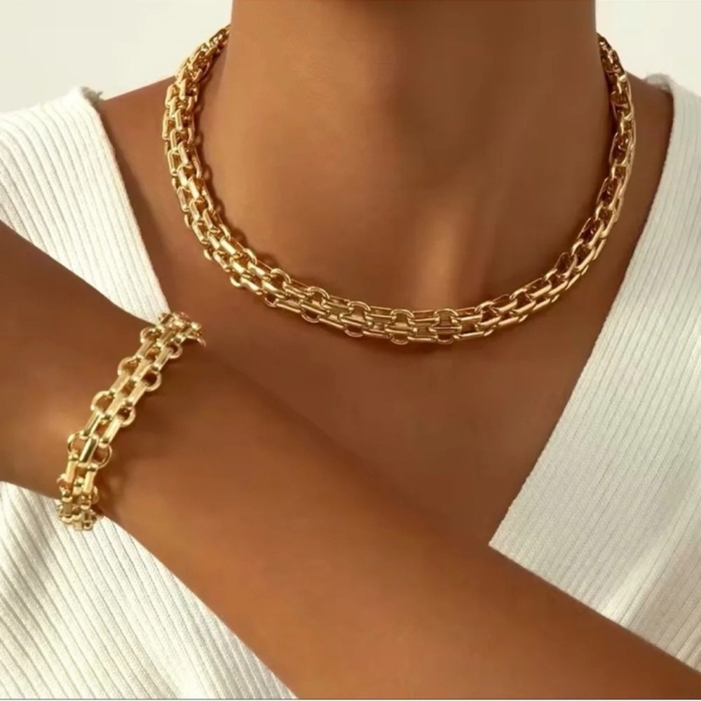 New! Graduated Link Necklace And Bracelet Set